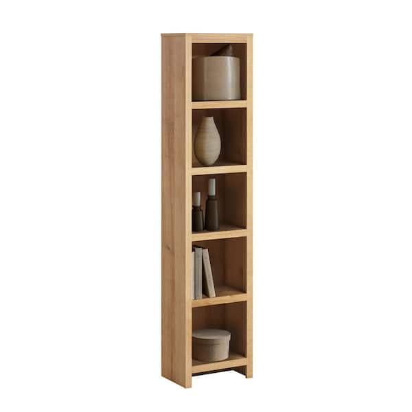 Prepac Moda 80 in. Tall Natural Oak Engineered Wood 5-Shelf Narrow Bookcase with Storage for Home Living Room