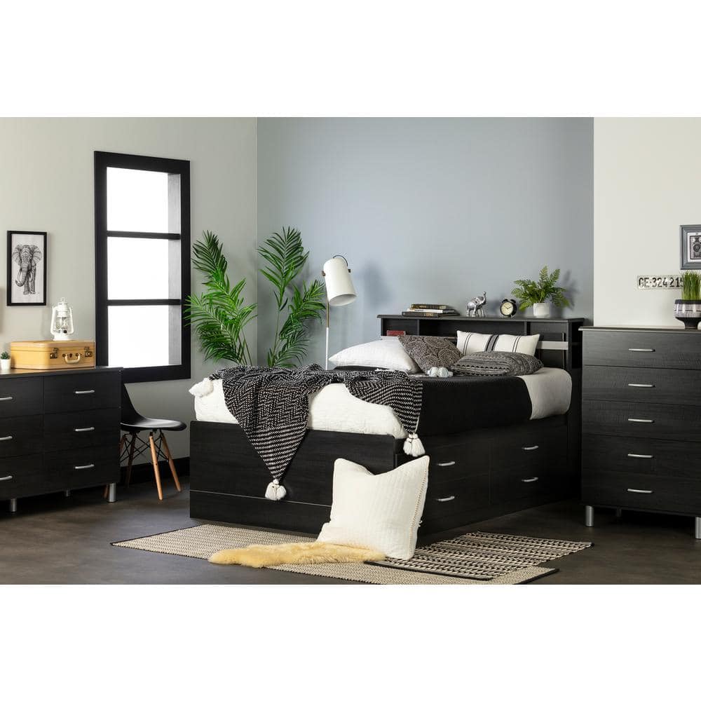 Black Onyx Full Captain Bed with Bookcase Headboard and Drawers