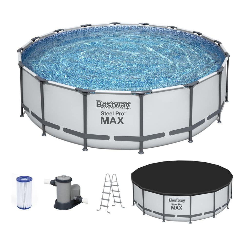 Bestway Pro MAX 16 ft. x 16 ft. Round 48 in. Metal Frame Above Ground Swimming Pool with Pump & Cover, Gray -  5613AE-BW