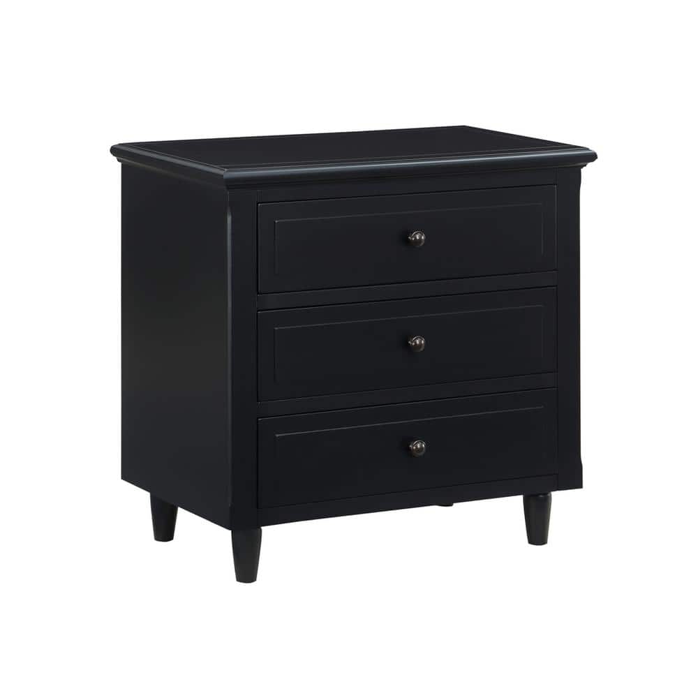 Modern Black 3-Drawer Solid Wood Nightstand with Nickel Knobs
