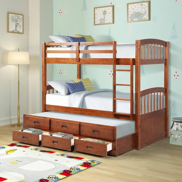Harper & Bright Designs Walnut Twin Over Twin Wood Bunk Bed with Trundle and Drawers
