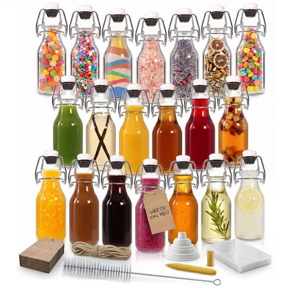 Nevlers 4 oz. Round Swing Top Glass Bottles with Bottle Brush, Funnel, Tags, Shrink Wrap and Glass Marker (Set of 20)