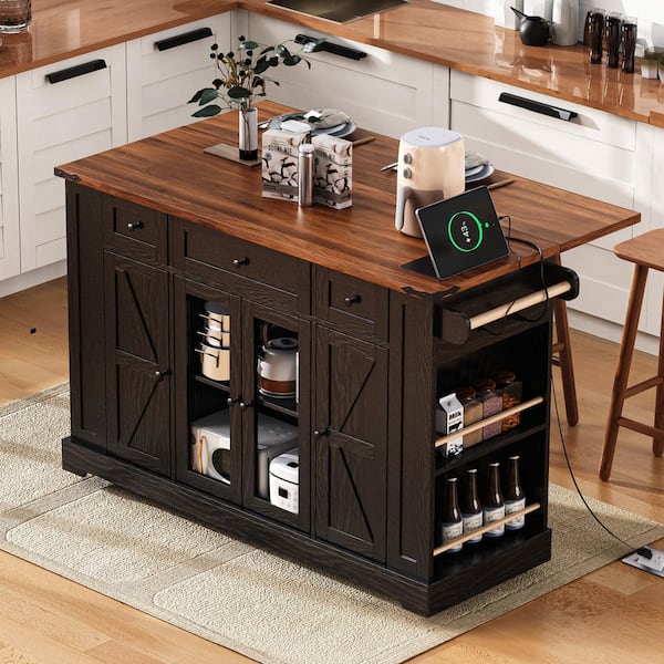 Unbranded Black Wood Top 53-in. Kitchen Island on 5-Hidden Wheels with 3-Drawers,Drop Leaf,Power Outlet, 5-Open Side Racks,4-Doors