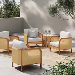 Twila Bohemian Light Acacia Wood Patio Chairs, Solid Wood Bohemian Outdoor Chair with Linen White Cushions, Set of 4