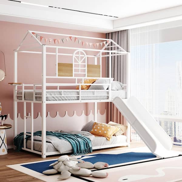 Harper & Bright Designs White Twin over Twin Metal House Bunk Bed with Side Shelf, Ladder and Slide
