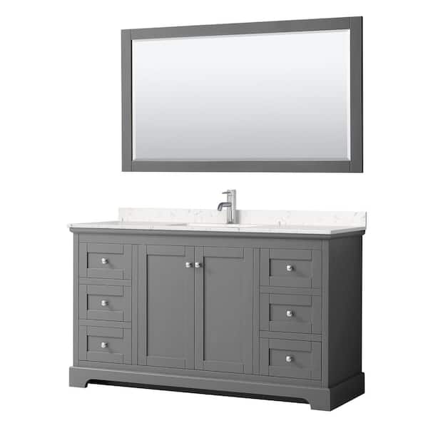 Wyndham Collection Avery 60 in. W x 22 in. D Single Vanity in Dark Gray w/ Cultured Marble Vanity Top in Light-Vein Carrara w/ Basin&Mirror