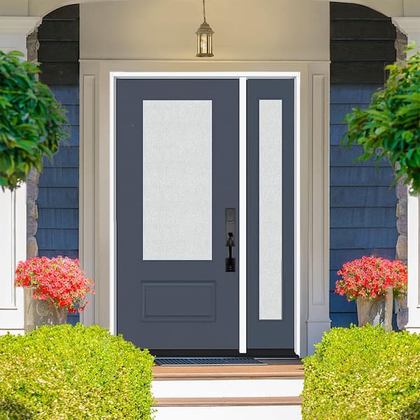 Legacy 51 in. x 80 in. 3/4 Lite Rain Glass LHIS Dark Denim Finish Fiberglass Prehung Front Door with 12 in. SL