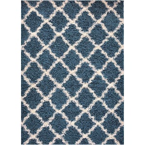 Shaggy Petrol Blue 3 ft. x 7 ft. Trellis Synthetic Rectangle Area Rug