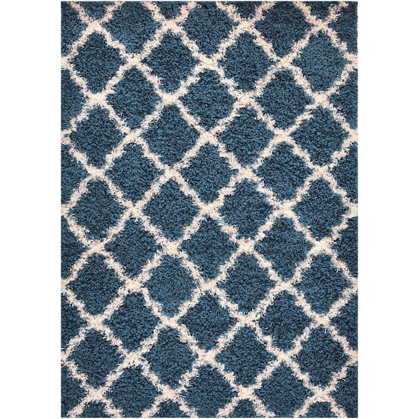 RugStylesOnline Shaggy Petrol Blue 3 ft. x 7 ft. Trellis Synthetic Rectangle Area Rug