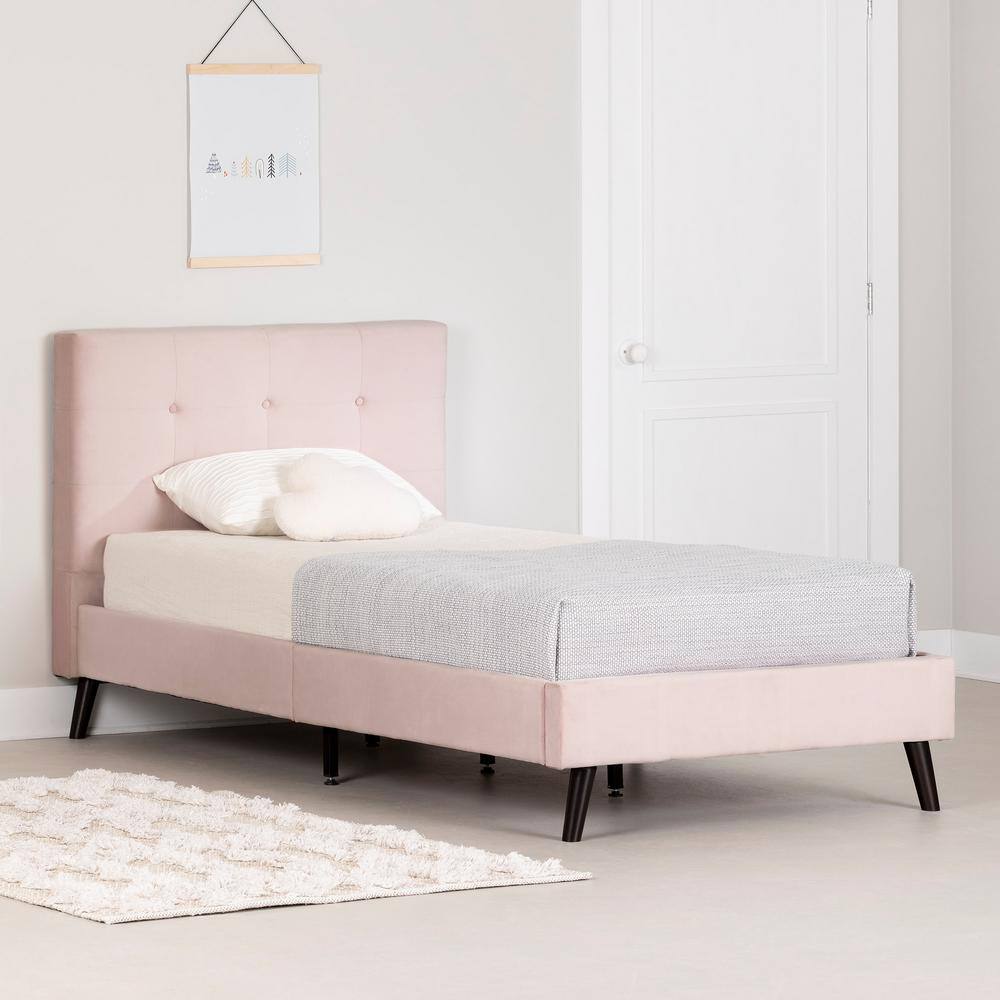 Pale Pink Velvet Twin Upholstered Platform Bed with Headboard
