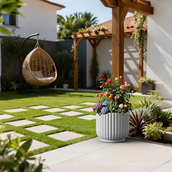 14in.W x 12in.H Pearl White Round Concrete Plant Pot with Modern Design Large Flower Planter with Drainage Hole