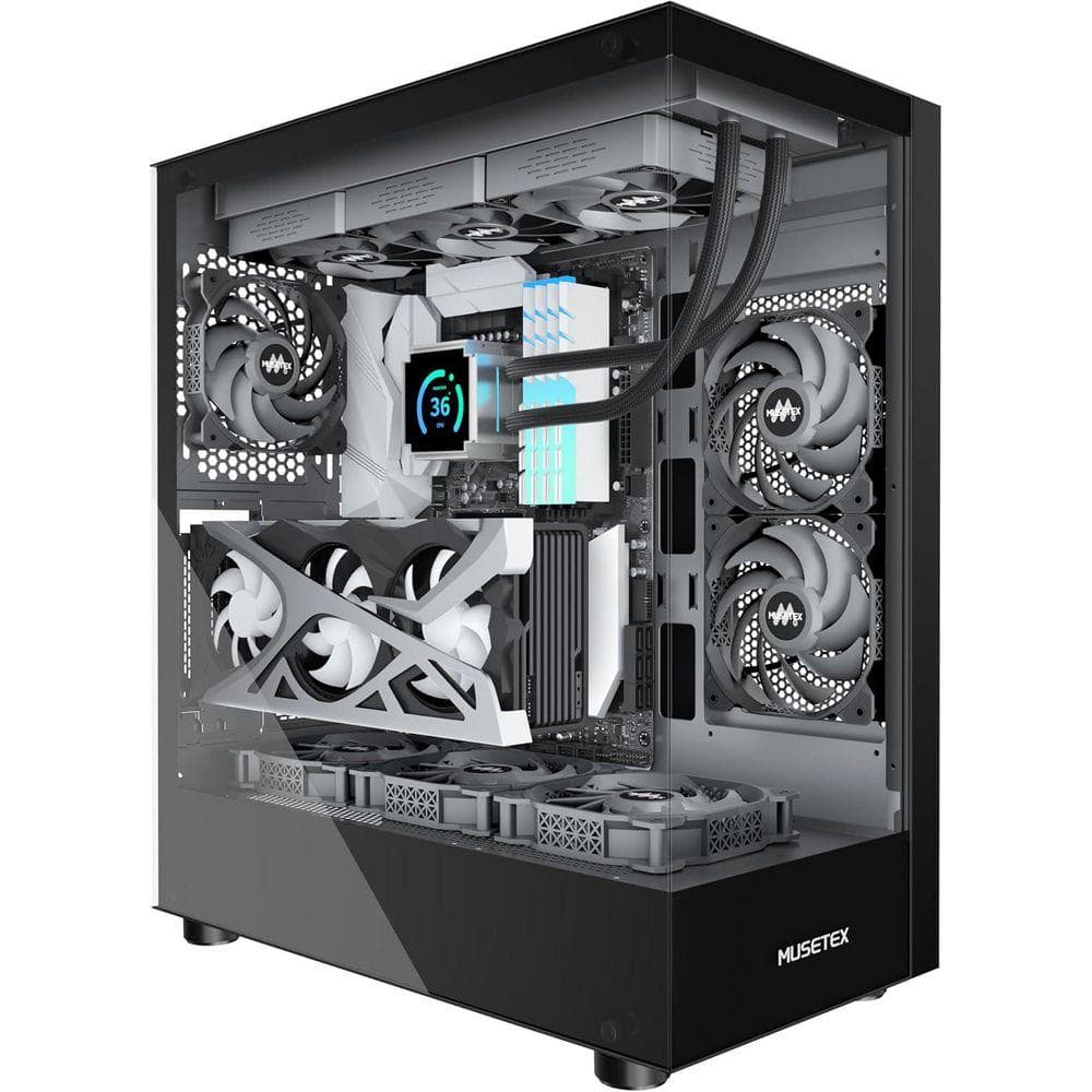OBJLGEV Full-View Dual Tempered Glass ATX Mid Tower PC Case with 3-Non-LED Fans, Type-C Black