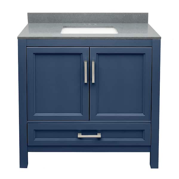 Ella Nevado 37 in. W x 22 in. D x 36 in. H Bath Vanity in Navy Blue with Quartz Stone Galaxy Gray Top with White Basin