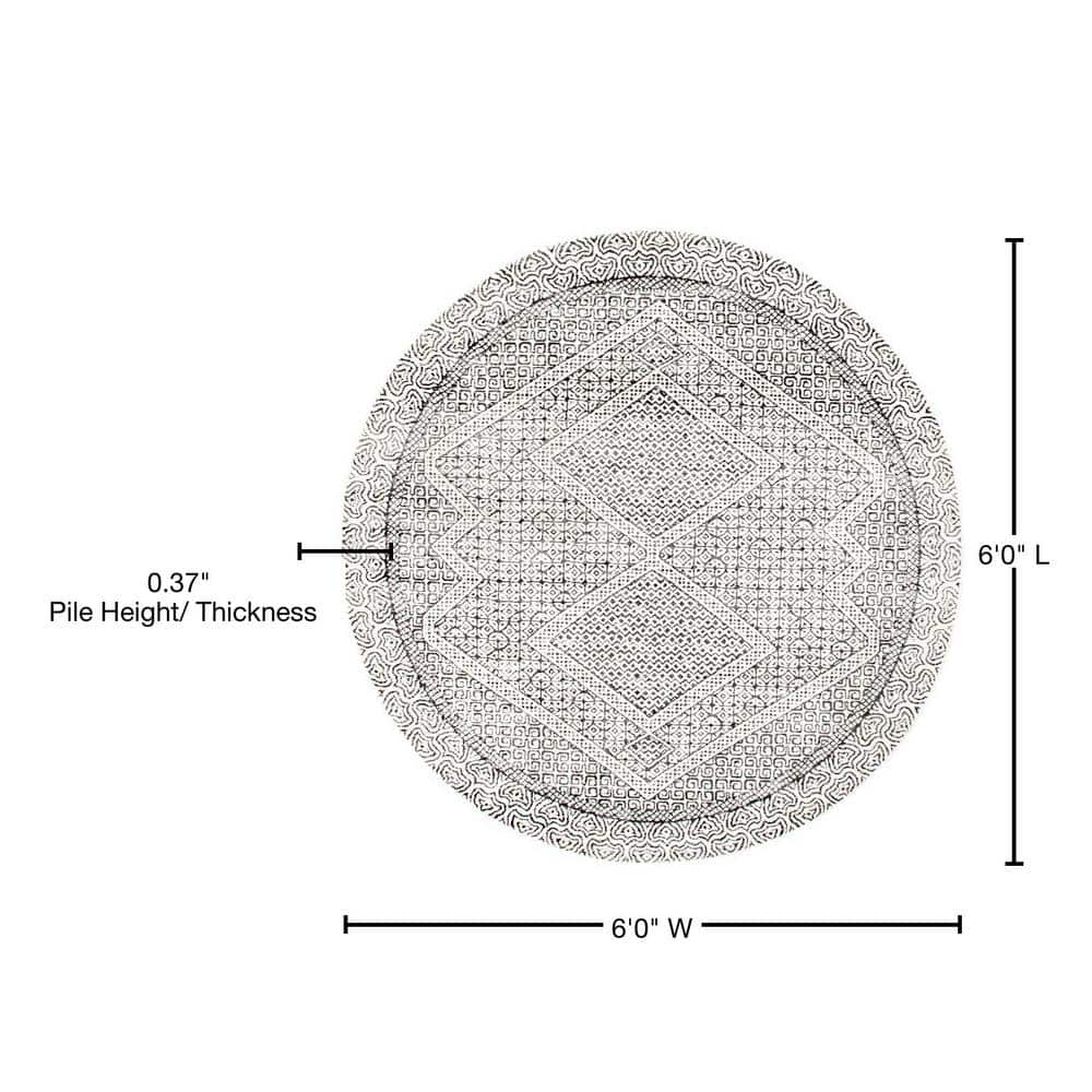 Gray and Ivory Round Synthetic Moroccan Area Rug, 6'
