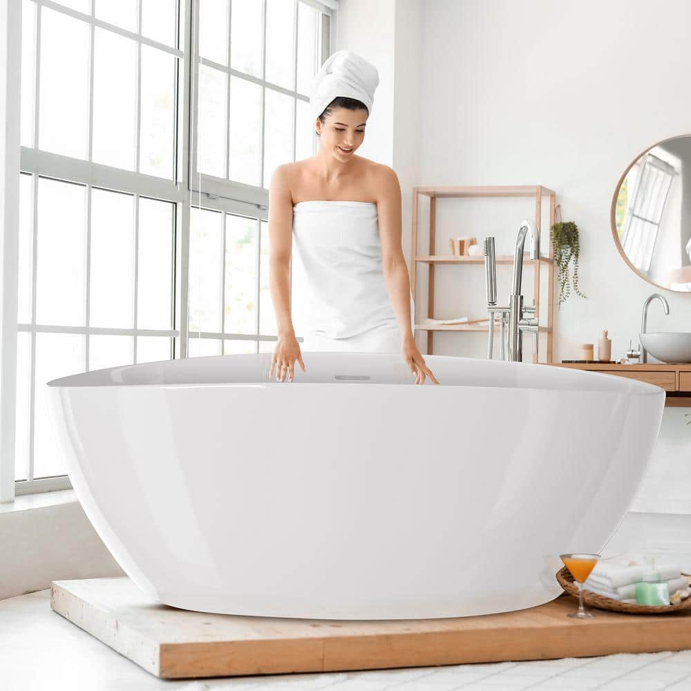 Getpro 67 In. Acrylic Flatbottom Freestanding Soaking Bathtub In White ...