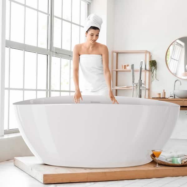 Getpro 59 in. Acrylic Flatbottom Freestanding Soaking Bathtub in White