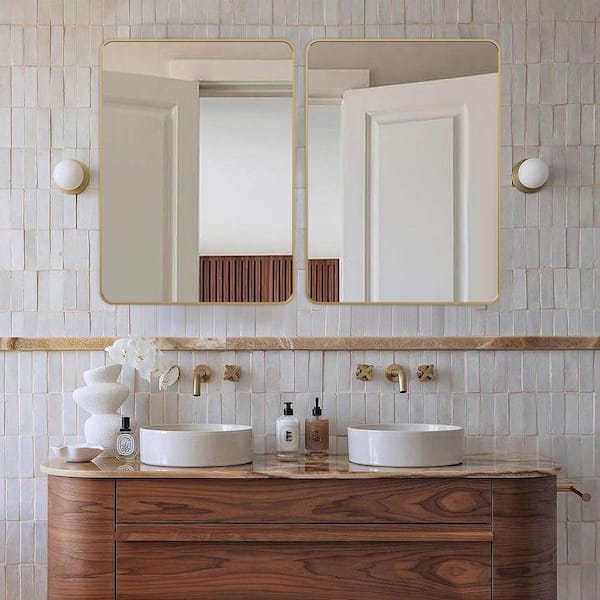 22 in. W x 30 in. H Modern Rectangular Aluminum Alloy Gold Rounded Corner Wall Mirror/Decorative Mirror