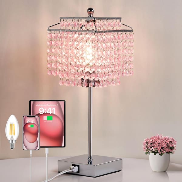 17.6 in. Pink Crystal Touch Table Lamp, Bedside Lamps with USB C plus A Ports, 3 Way Dimmable Lamp with Crystal Shade