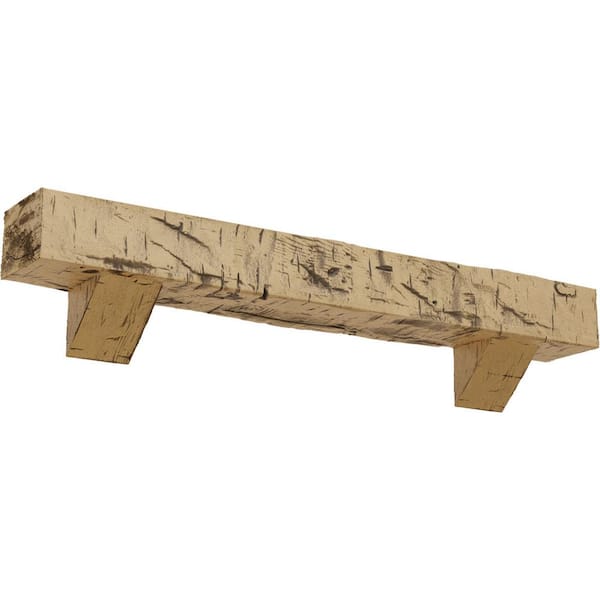 Ekena Millwork 4 in. x 8 in. x 7 ft. Hand Hewn Faux Wood Fireplace Mantel Kit with Breckinridge Corbels, Natural Pine