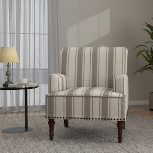 Modern Gray Striped Linen Fabric Upholstered Accent Armchair With Wooden Legs (Set of 1)