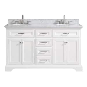 Windlowe 61 in. W x 22 in. D x 35 in. H Freestanding Bath Vanity in White with Carrara White Marble Top