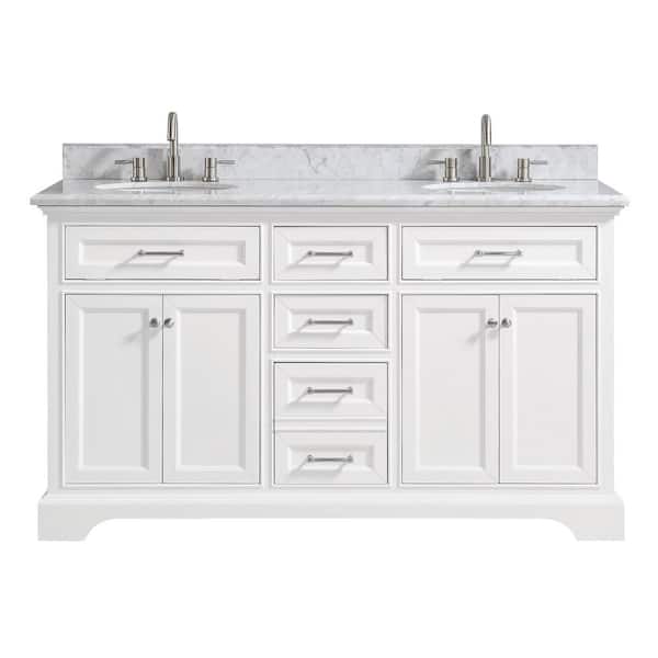Windlowe 61 in. Double Sink White Bath Vanity with White Carrara White Marble Top (Assembled)