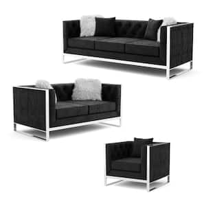 Jagoro 3-Piece Black with Care Kit Polyester Sofa Set