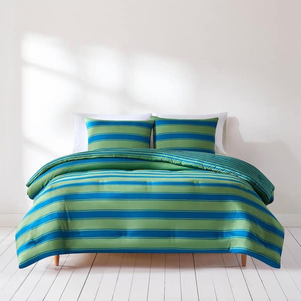 Gale Cabana Stripe 3-Piece Blue/Sage Microfiber Full/Queen Comforter Set