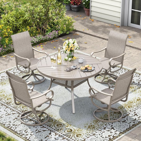 5 Piece Metal Outdoor Dining Set with 40.6 in. Sandshell Round Dining Table and 4 Sandshell Textilene Swivel Chairs