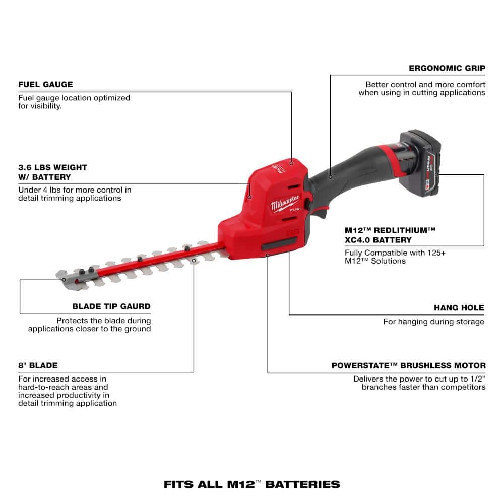 M12 FUEL 8 in. 12V Lithium-Ion Brushless Cordless Hedge Trimmer Kit with 4.0 Ah Battery and Charger - 2