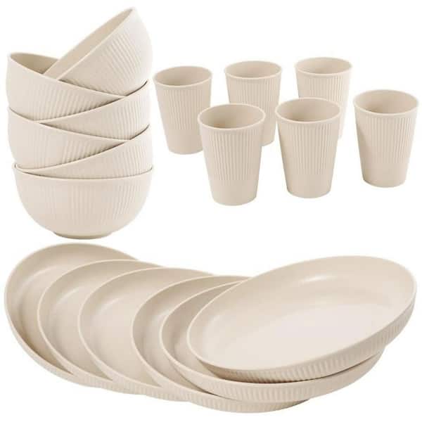 36-Piece Beige Wheat Straw Dinnerware Sets (Service for 6), Unbreakable Reusable Set Kitchen Cups, Plates, Bowls Sets