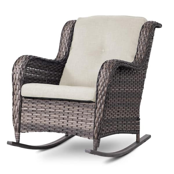 Sudzendf Wicker Patio Outdoor Rocking Chair with Beige Cushions
