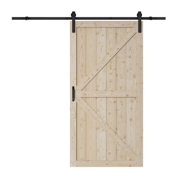 ARK DESIGN 42 in. x 84 in. Paneled K Shape Solid Core Pine Unfinished Wood Sliding Barn Door with Hardware Kit