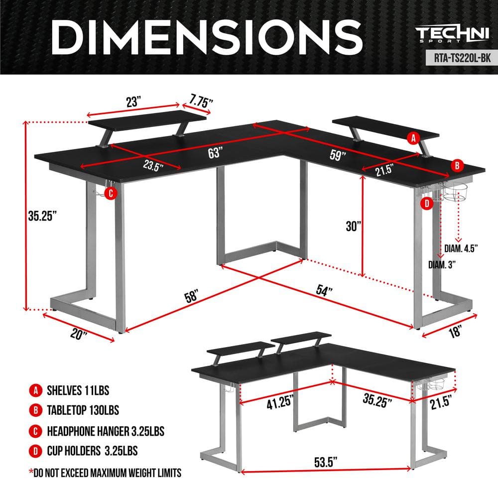 Techni Sport Warrior L-Shaped Gaming Desk with Cup Holders and Headphone Hook
