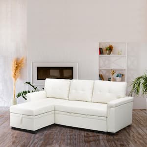 84.64 in. Faux Leather L-Shaped Sleeper Sectional Sofa with Square Arms in White Reversible Chaise and Pull-out Sofa Bed