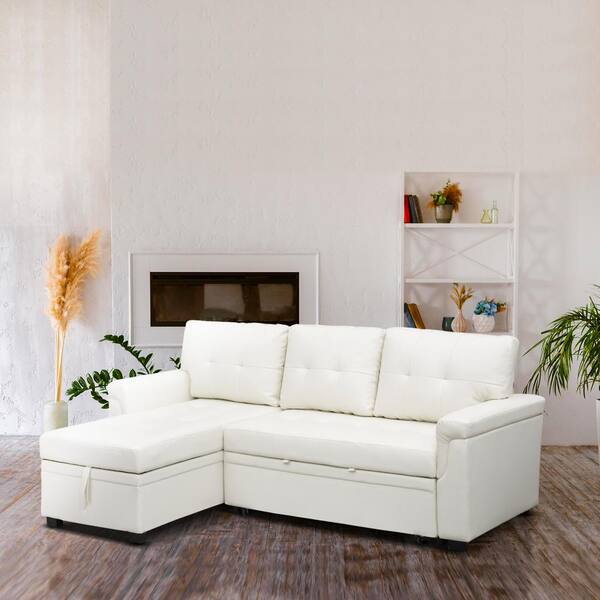 HOMESTOCK 78 in W Reversible Faux Leather Sleeper Sectional Sofa Storage Chaise Pull Out Convertible Sofa in. White