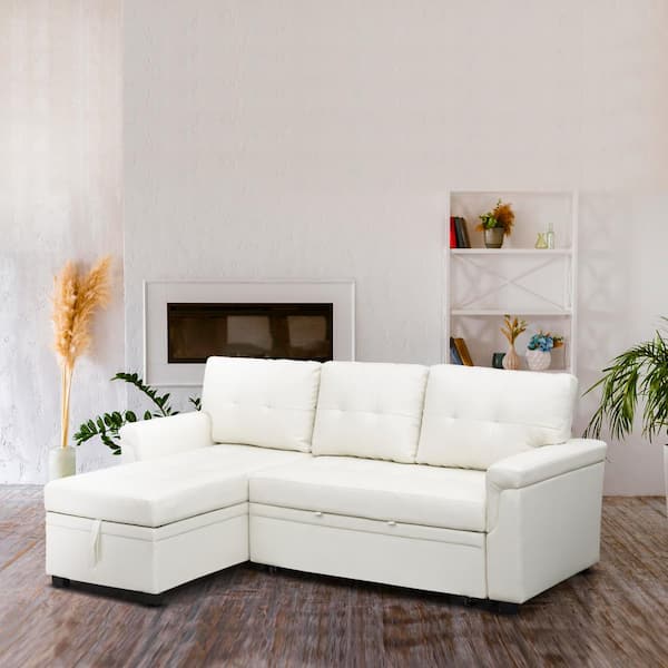 HOMESTOCK White Tufted Sectional Sofa Sleeper with Storage Twin Size Sofa Bed Fabric Air Faux Leather