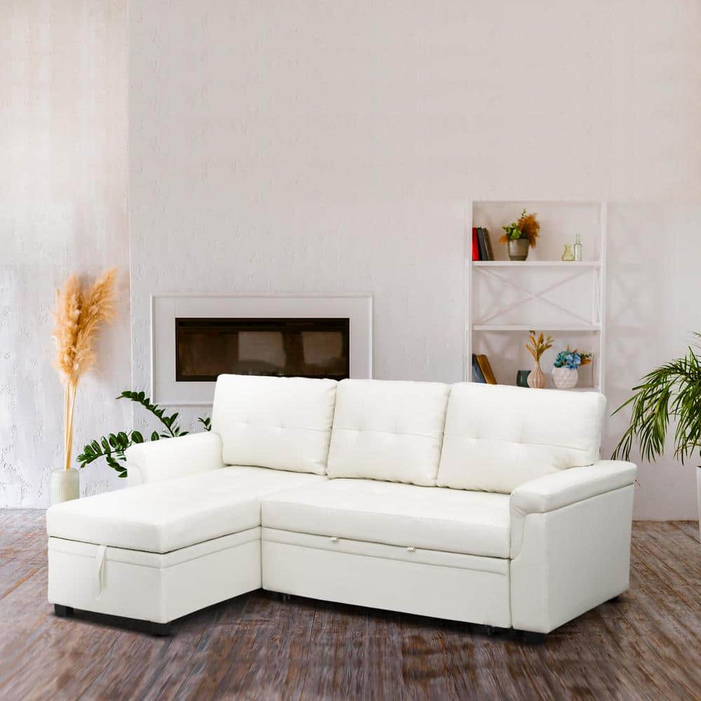 85 in. Square Arm Velvet L-Shaped Sofa with Reversible Chaise and Pull-Out Sleeper Bed in. White Air Leather