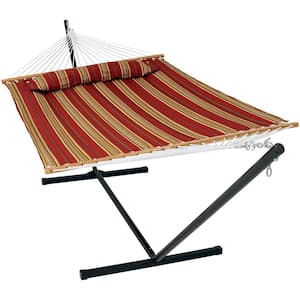 10-3/4 ft. Quilted 2-Person Hammock with 12 ft. Stand in Red Stripe
