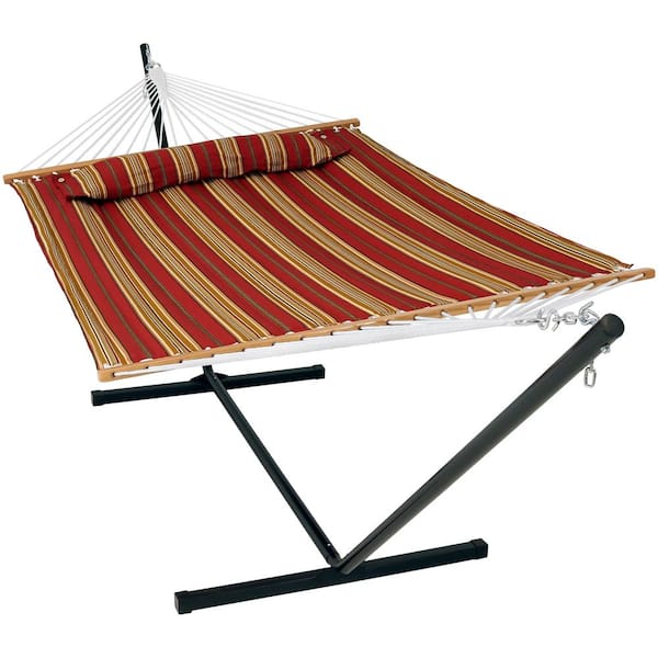 Sunnydaze Decor 10-3/4 ft. Quilted 2-Person Hammock with 12 ft. Stand in Red Stripe