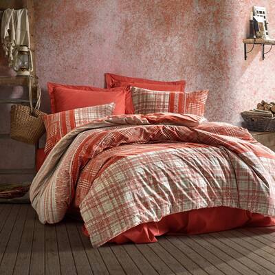 Orange in West Turkish Cotton, Queen Size Duvet Cover Set, 1 Duvet Cover, 1 Fitted Sheet and 2 Pillowcases