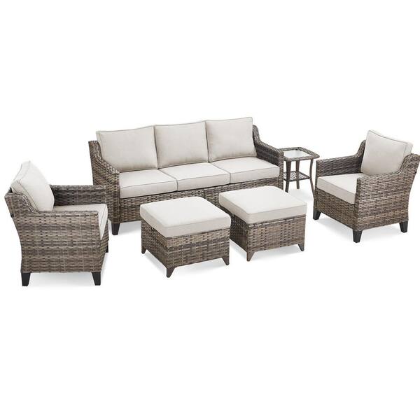 6-Piece Wicker Patio Conversation Set, Ergonomics Outdoor Chairs with Beige Cushions, Curved handrail