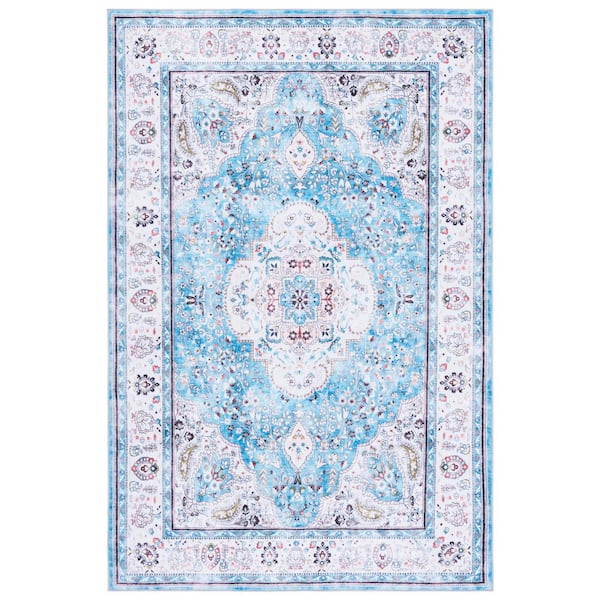 Martha Stewart Washable Turquoise/Beige 4 ft. x 6 ft. Machine Washable Medallion Border Area Rug