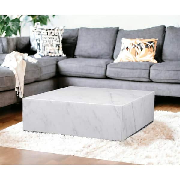 HomeRoots 35 in. Faux Marble Top and Gold Square Marble Coffee Table with Wheels