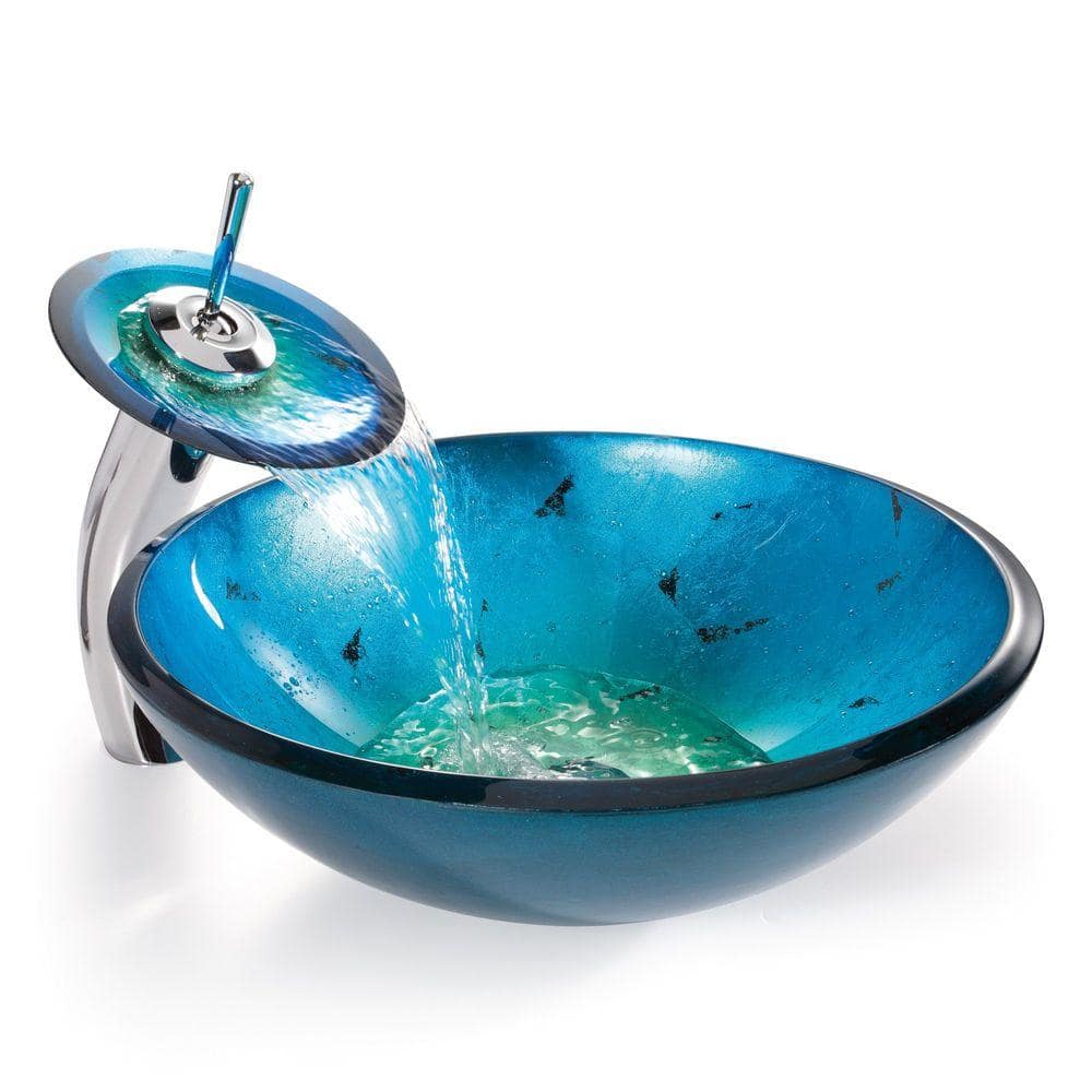 Blue Glass Circular Vessel Sink with Chrome Faucet