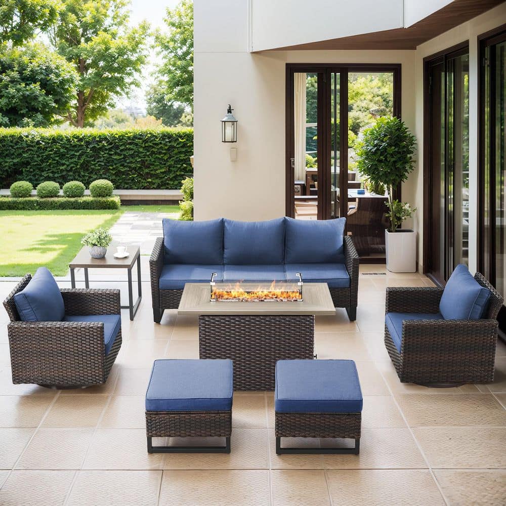 Valenta Browm Wicker 7-Piece Patio Conversation Sofa Set Outdoor Furniture Sectional Fire Pit Table and Blue Cushions price history on PriceWatchPro