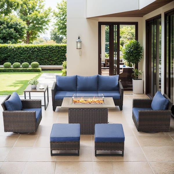 Gymojoy Valenta Browm Wicker 7-Piece Patio Conversation Sofa Set Outdoor Furniture Sectional Fire Pit Table and Blue Cushions