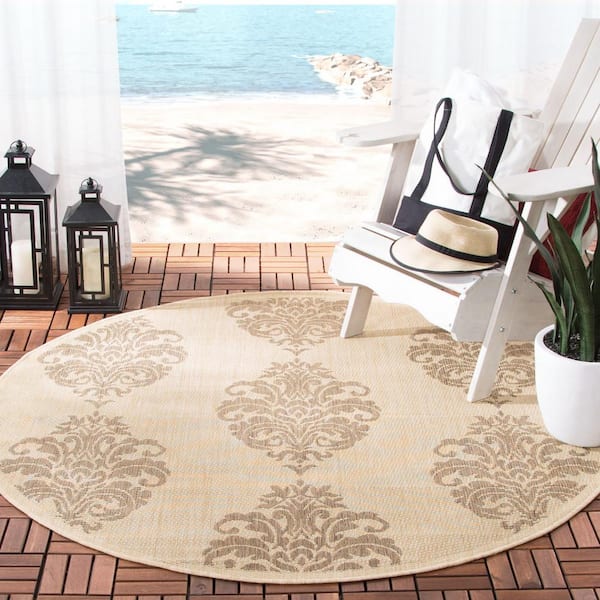 Courtyard Natural/Brown 7 ft. x 7 ft. Round Floral Indoor/Outdoor Patio  Area Rug