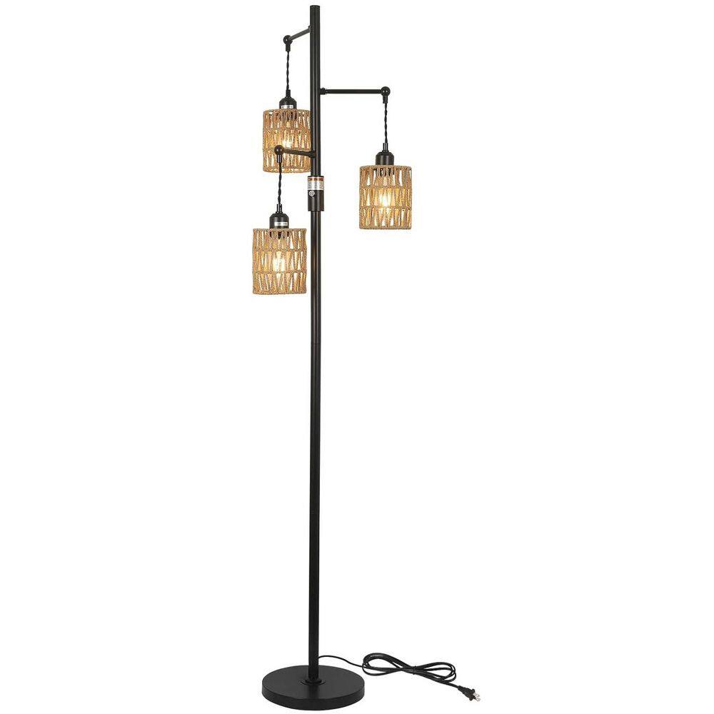 65 in. Brown+Black Metal 3-Light Dimmable Standard Floor Lamp for Living Room with Rattan Cage Shade price history on PriceWatchPro