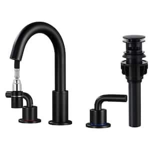 8 in. Widespread Double Handle Bathroom Faucet with Pull Out Sprayer, Bathroom Sink Faucet Pop-Up Drain, in Matte Black